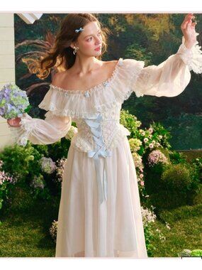 Womens 1XL Romantic Elegant Lace & Tulle Off-Shoulder Corset Dress Floral Detail